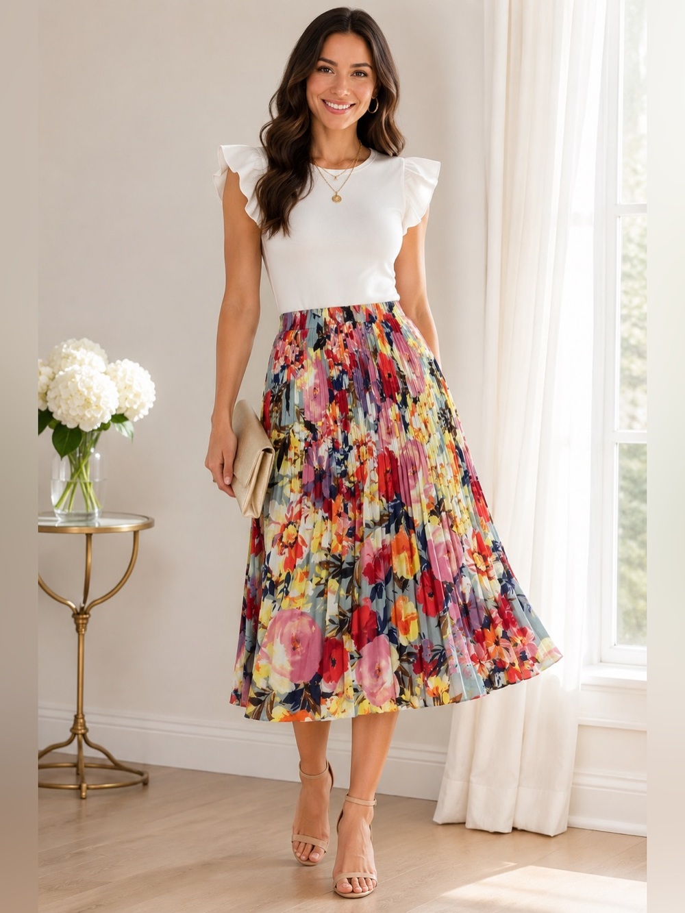 Sunny Leigh Floral Pleated Midi Skirt Size XS Colorful Elastic Waist Feminine‎